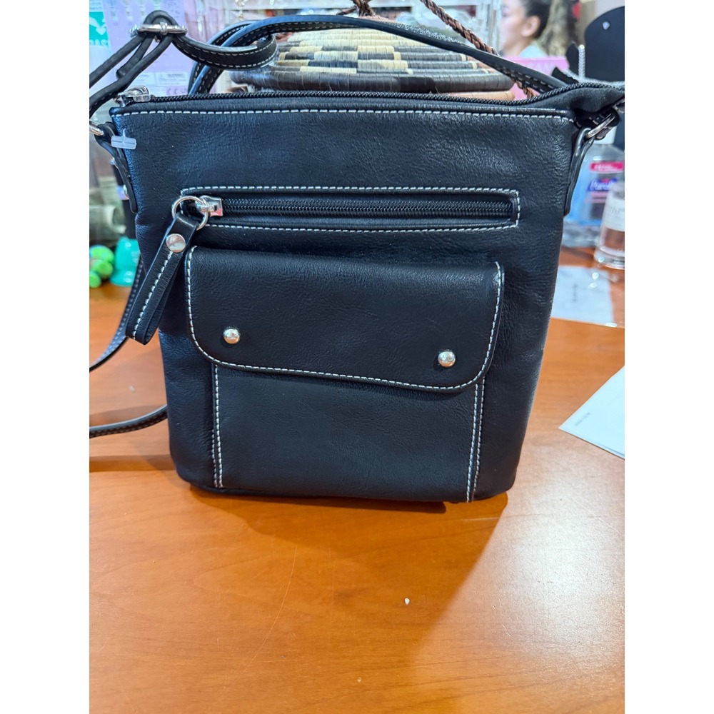 Kate & Alex Cuffaro Black Faux Leather Crossbody Bag White Stitching Organizer